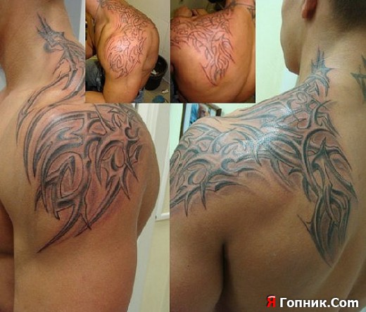 Татуировка на лопатке переходящая на плечо